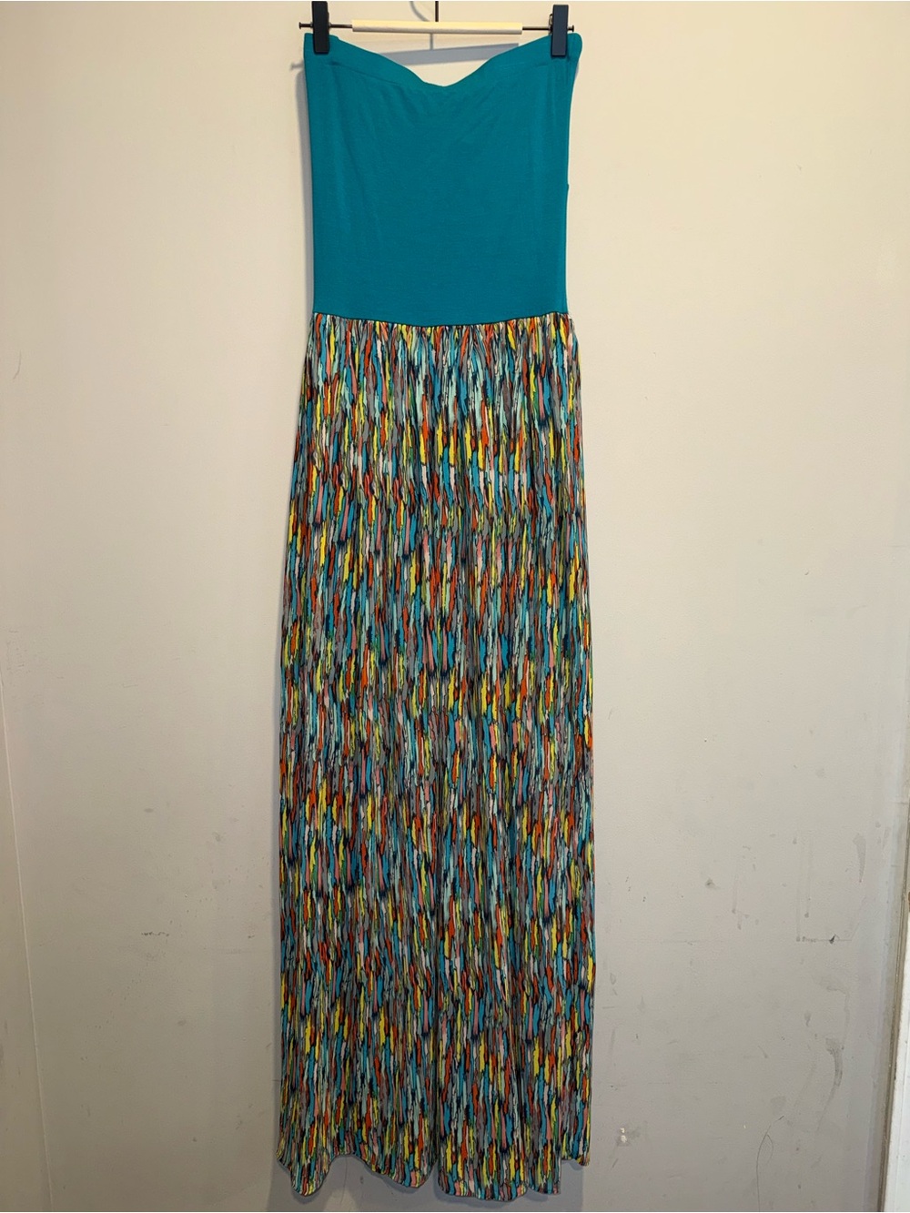 Felicity & Coco Teal Strapless Maxi with Multicolor Print Skirt